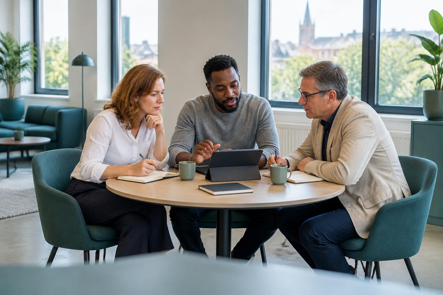 Drie professionals werken aan een gezamenlijk plan met een tablet en notitieboeken