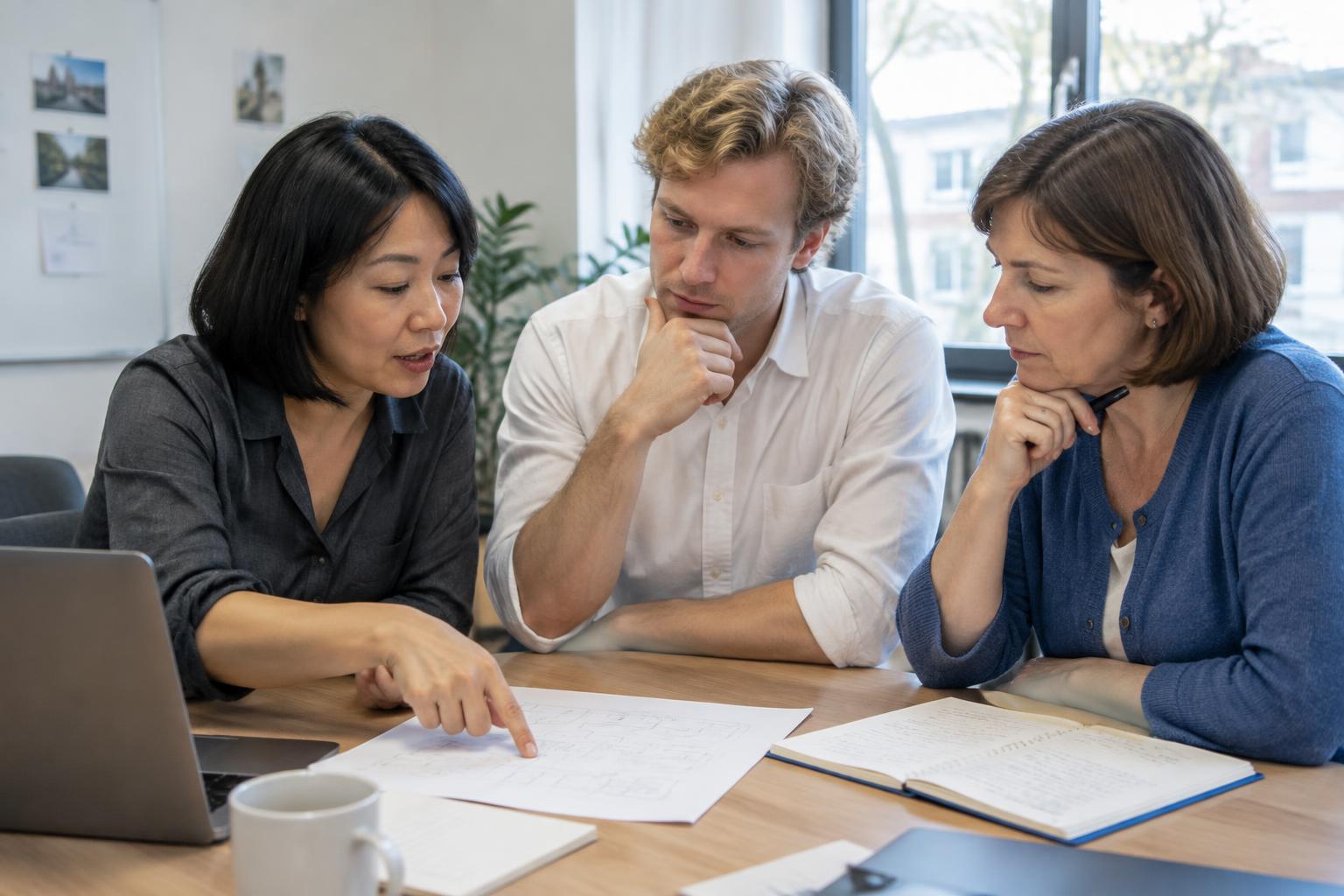 Drie mensen bespreken afspraken over AI-gebruik aan de hand van een document